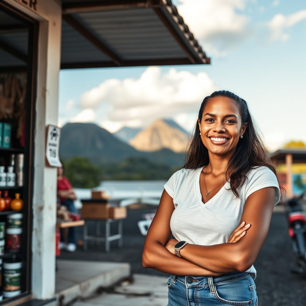 Entrepreneuse réunionnaise devant son commerce, à La Réunion
